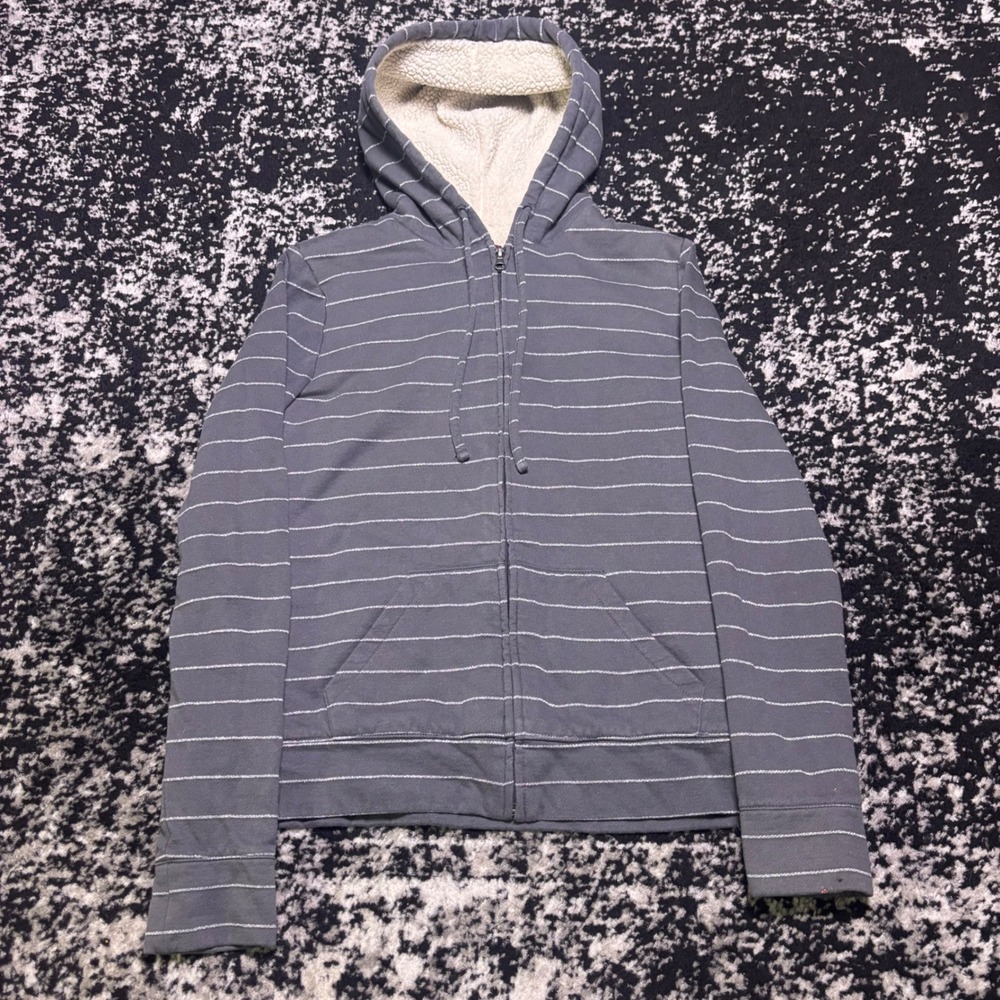 Merona Womens Grey Striped Sherpa Lined Full Zip Hoodie Y2K Sweatshirt Size M